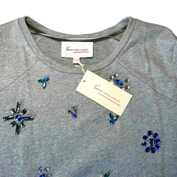 NWT Vince Camuto Rhinestone Sweatshirt Top Sz.L Gray Embellished Cotton Preppy - Picture 6 of 11
